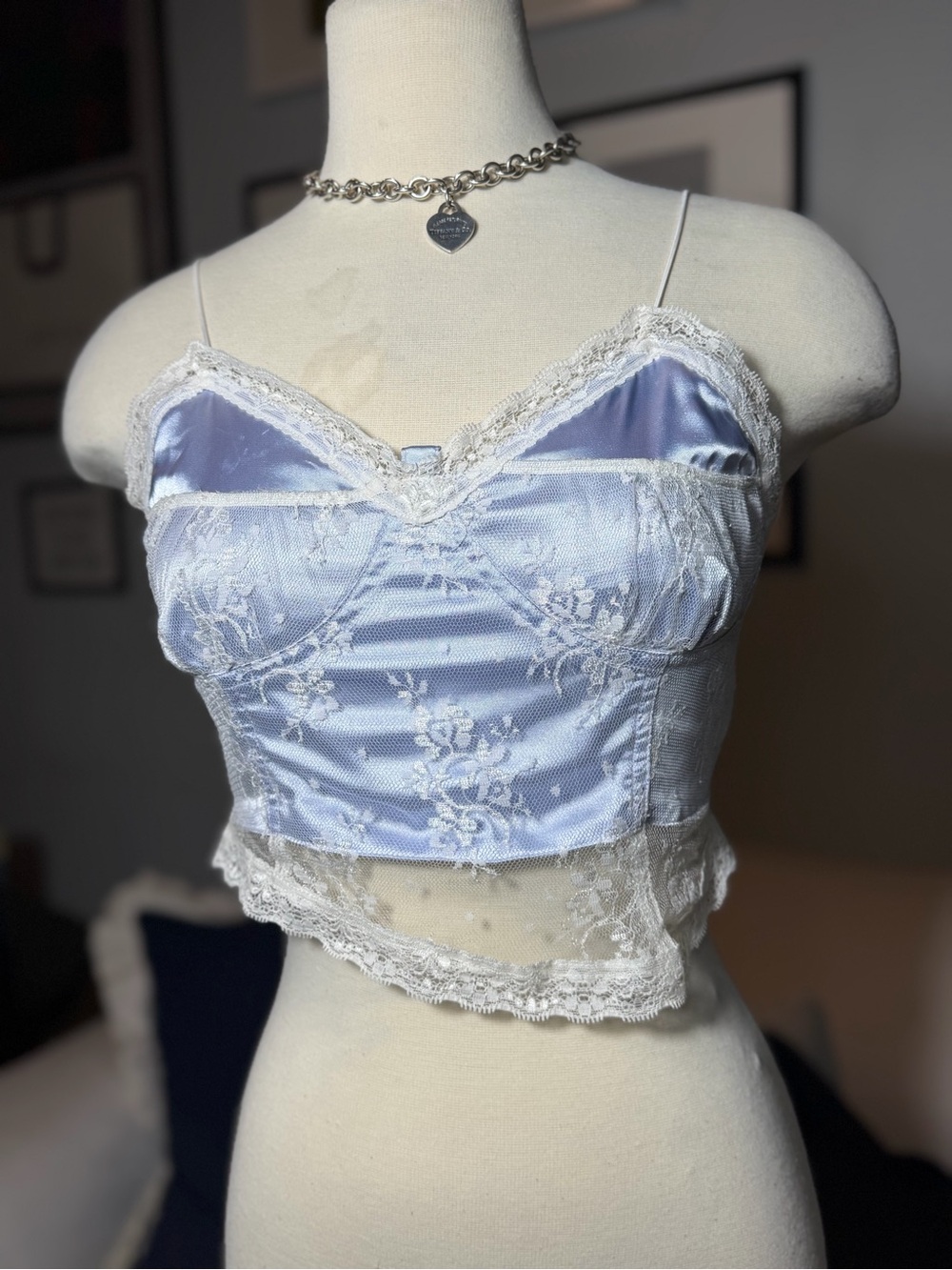 Lace-Trim Satin Bandeau Crop Top in Light Blue